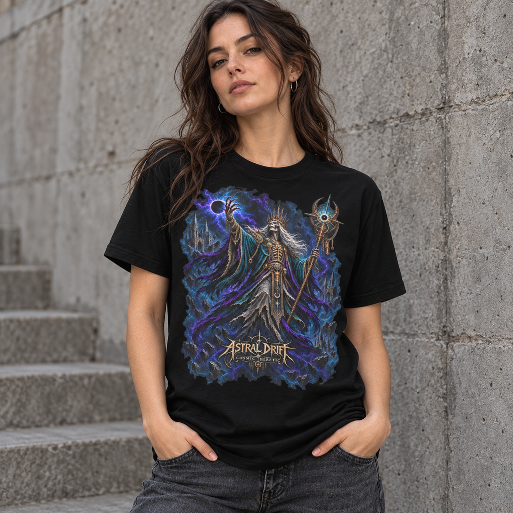 Cosmic Heretic black cosmic horror graphic T-shirt lifestyle model view – Astral Drift