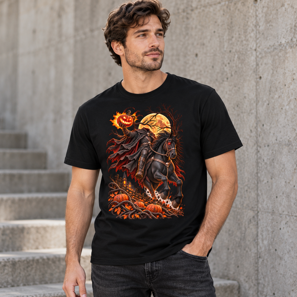 Male model wearing Astral Drift’s Headless Horseman black horror T-shirt beside a concrete wall.