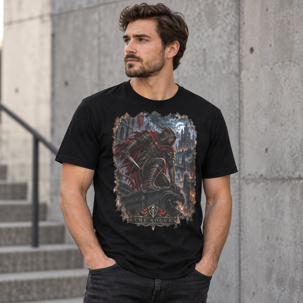 The Rogue Gloamforged black graphic T-shirt model mockup – Astral Drift