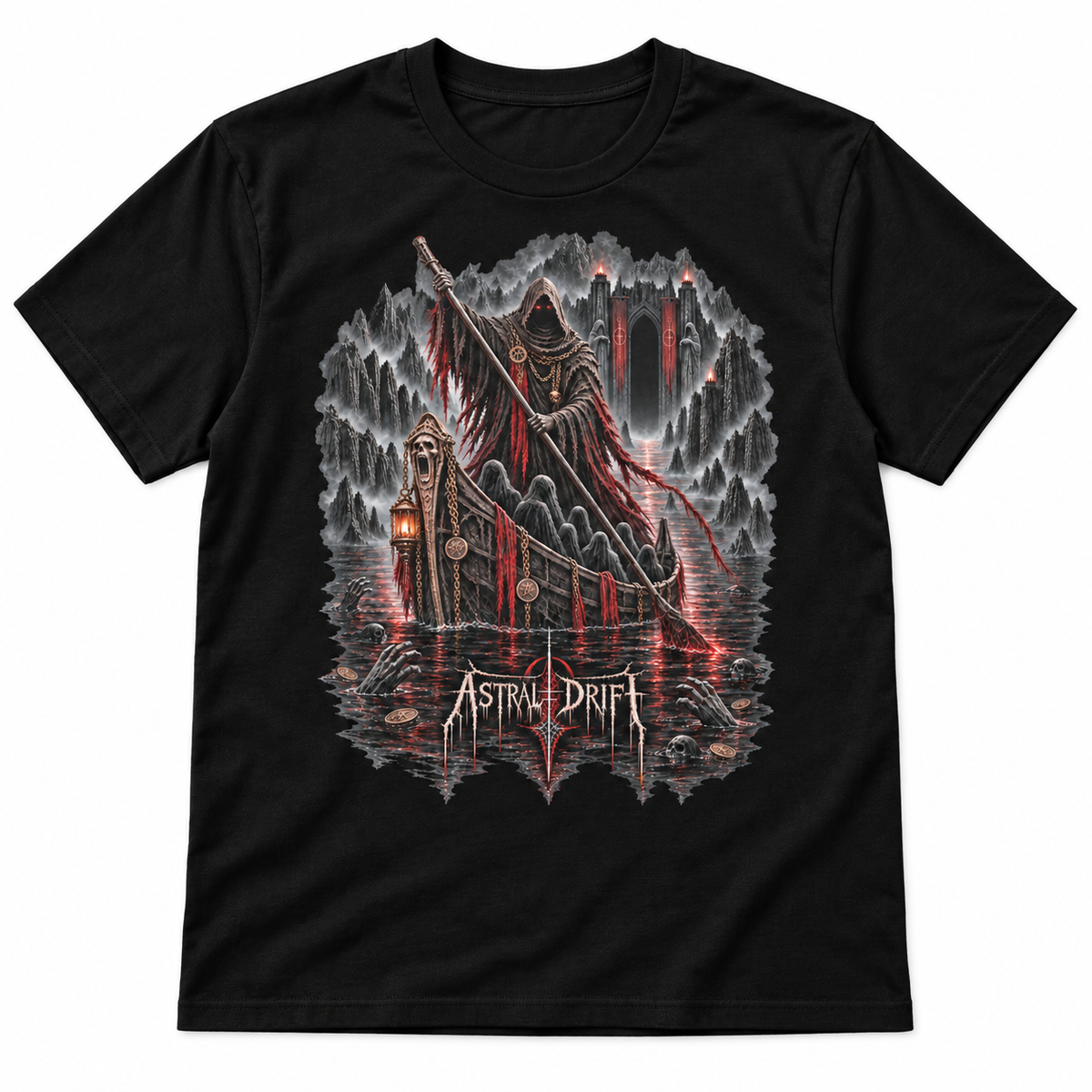 The Ferryman black graphic T-shirt by Astral Drift