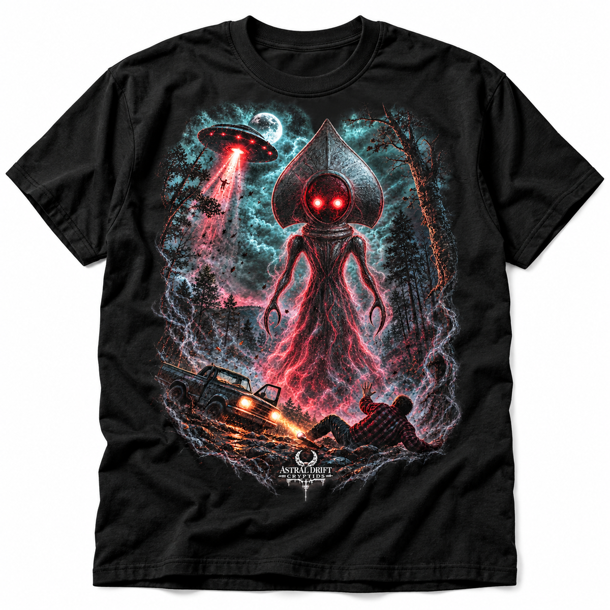 Flatwoods Monster black T-shirt with a red-eyed creature and UFO in a forest