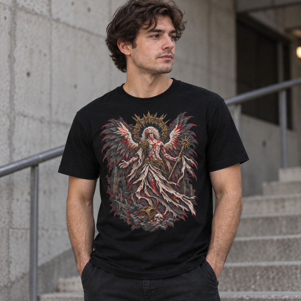 Female model wearing Ashen Seraph black graphic T-shirt by Astral Drift