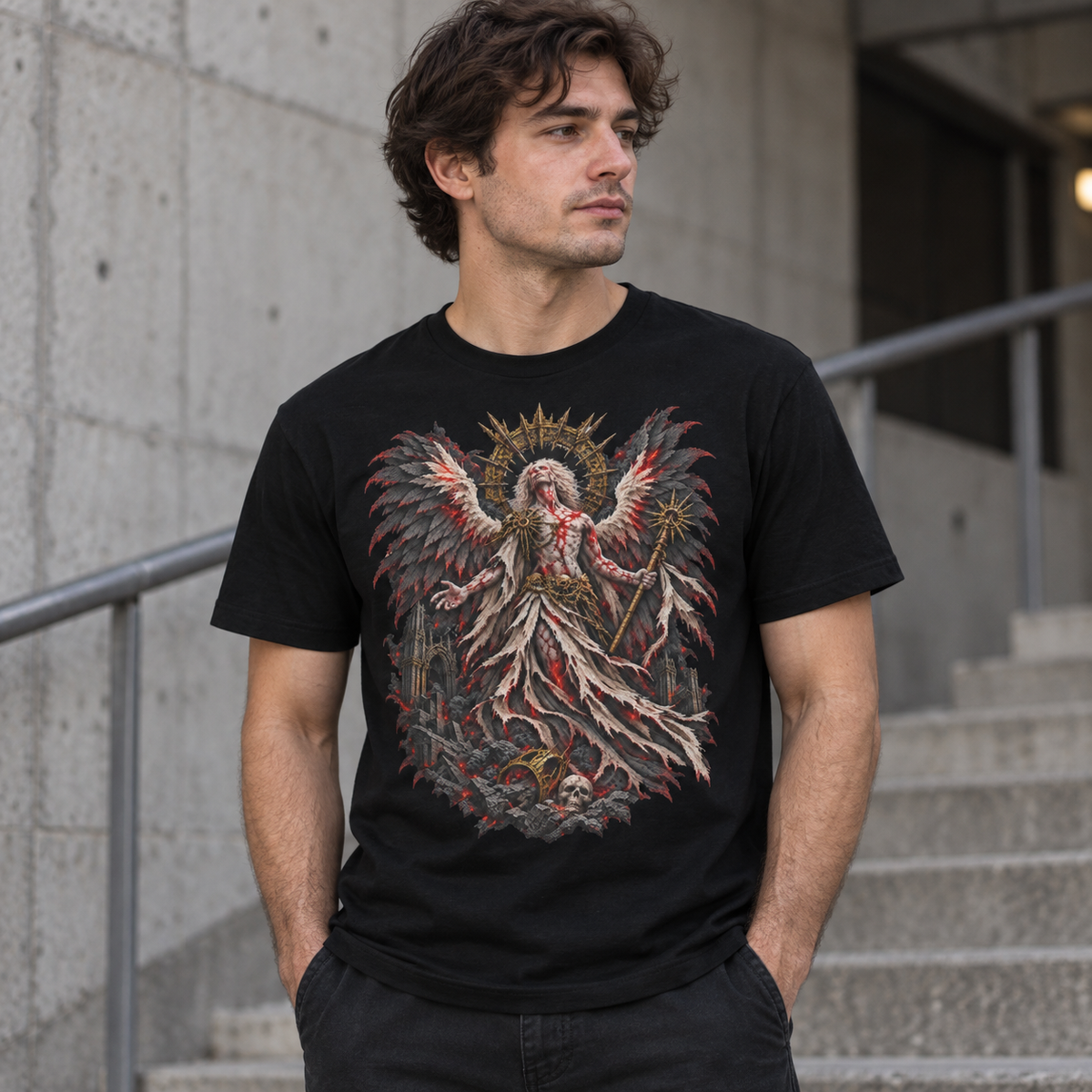 Female model wearing Ashen Seraph black graphic T-shirt by Astral Drift