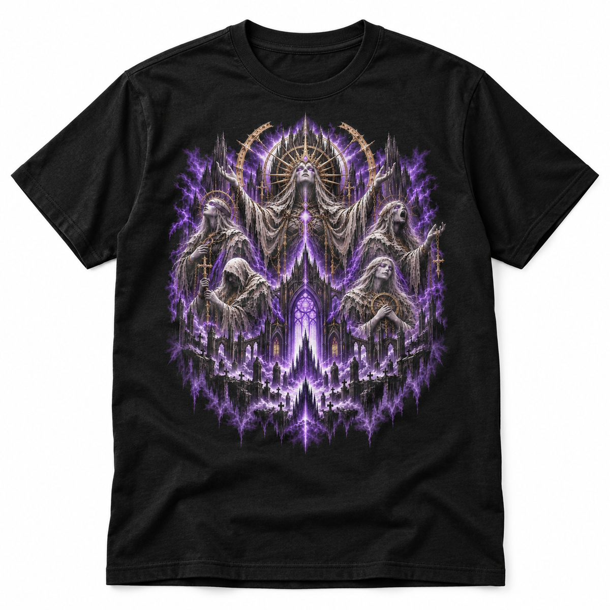 The Abyssal Choir black dark fantasy graphic T-shirt with spectral choir and gothic cathedral – Astral Drift