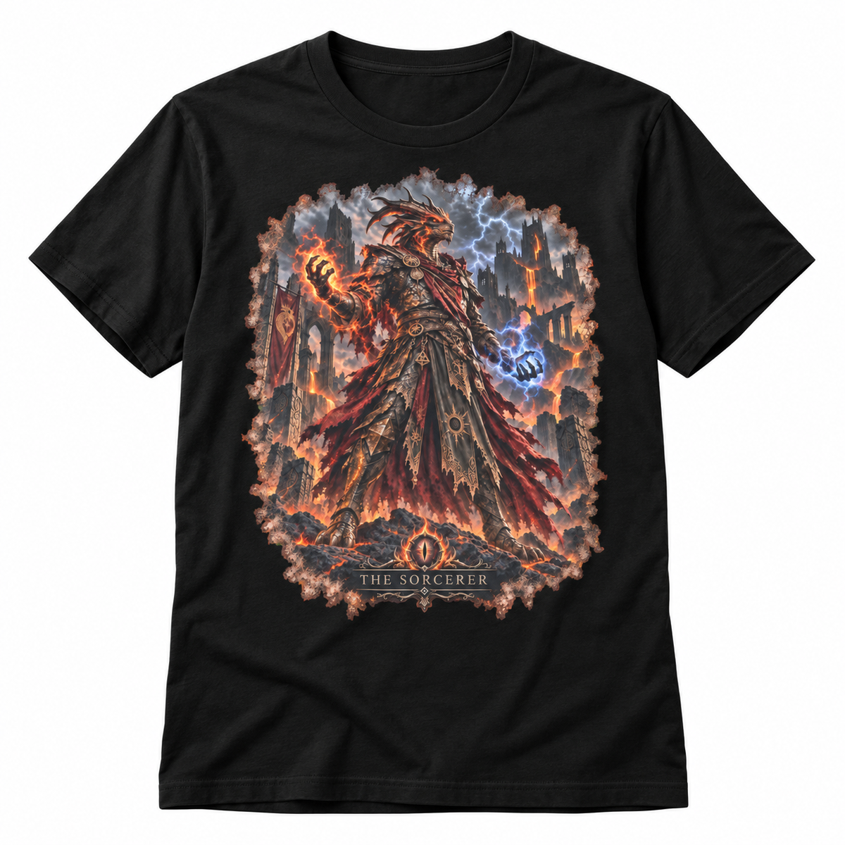 The Sorcerer black Gloamforged graphic T-shirt with dragonborn spellcaster – Astral Drift