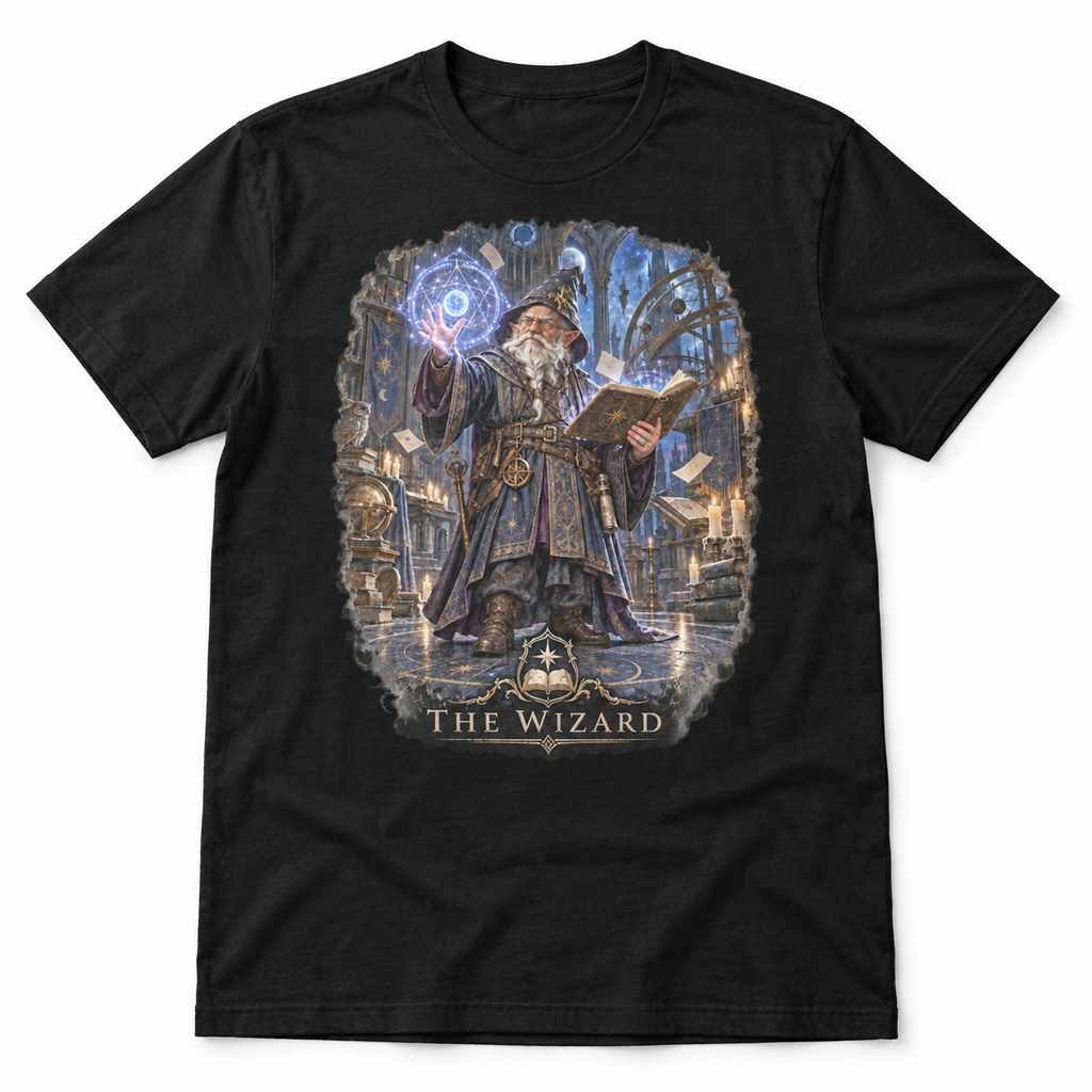 The Wizard black Gloamforged graphic T-shirt with gnome arcane scholar – Astral Drift