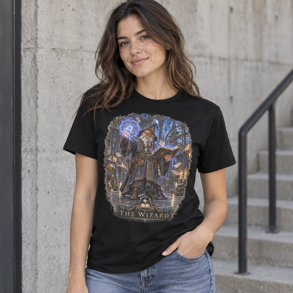 The Wizard Gloamforged black graphic T-shirt alternate model view – Astral Drift