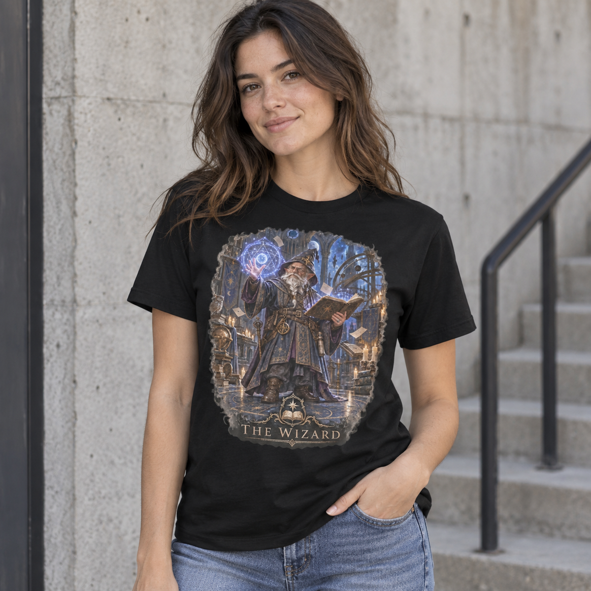 The Wizard Gloamforged black graphic T-shirt alternate model view – Astral Drift