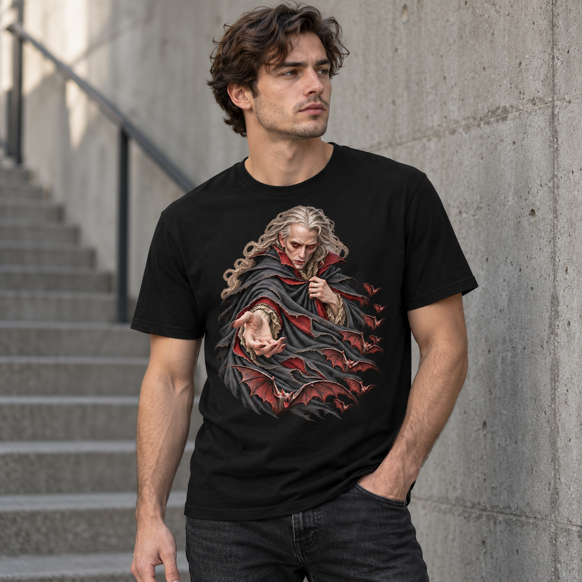 Male model wearing The Last Invitation black vampire graphic T-shirt beside concrete steps and a wall.