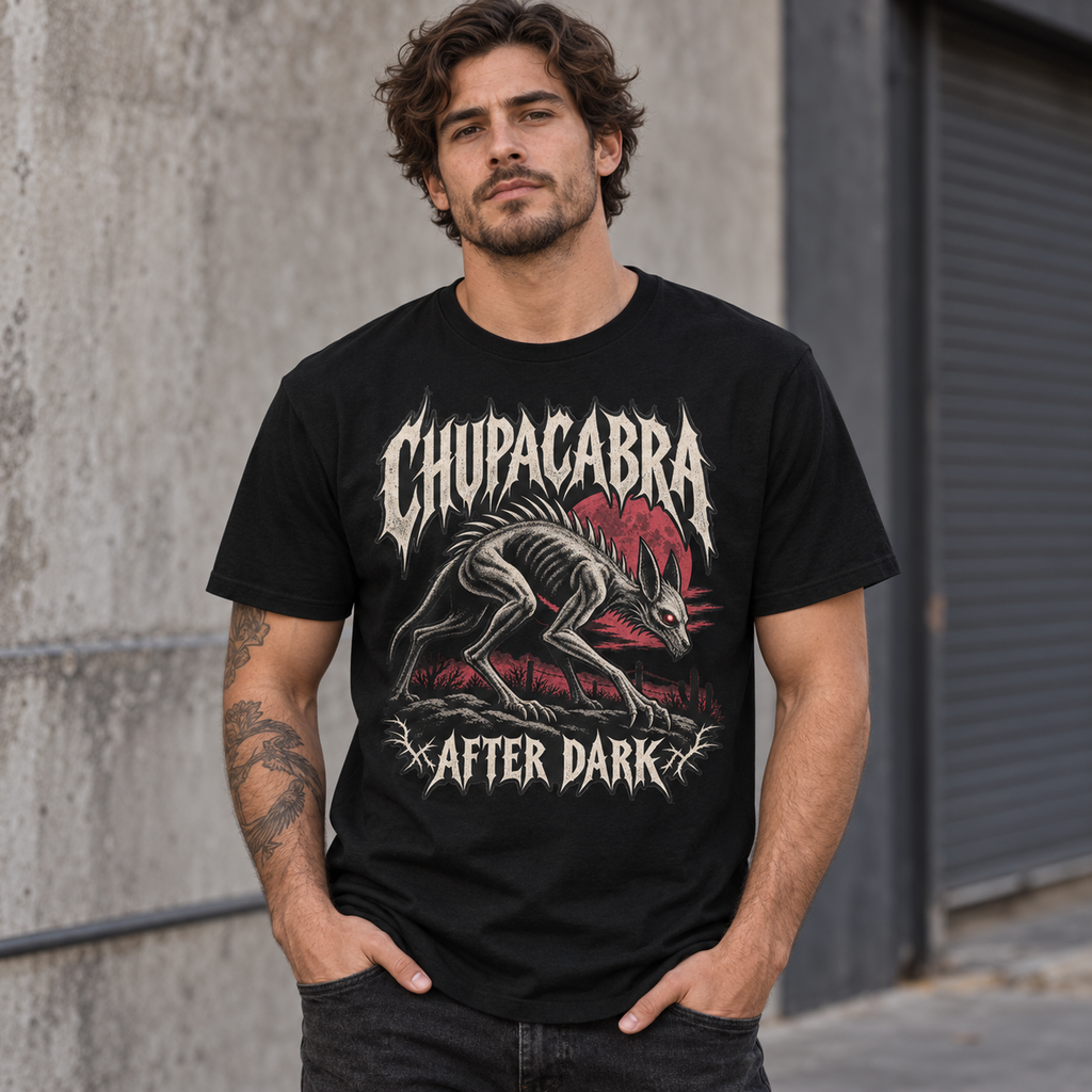 Chupacabra After Dark black cryptid graphic T-shirt worn by model – Astral Drift