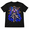 Celestial Void Knight black graphic T-shirt by Astral Drift