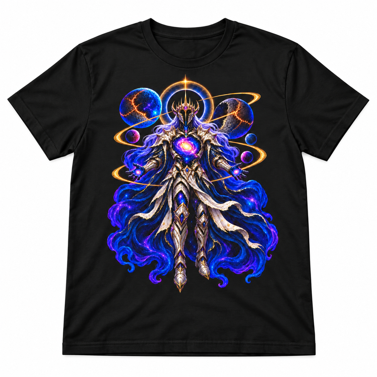 Celestial Void Knight black graphic T-shirt by Astral Drift