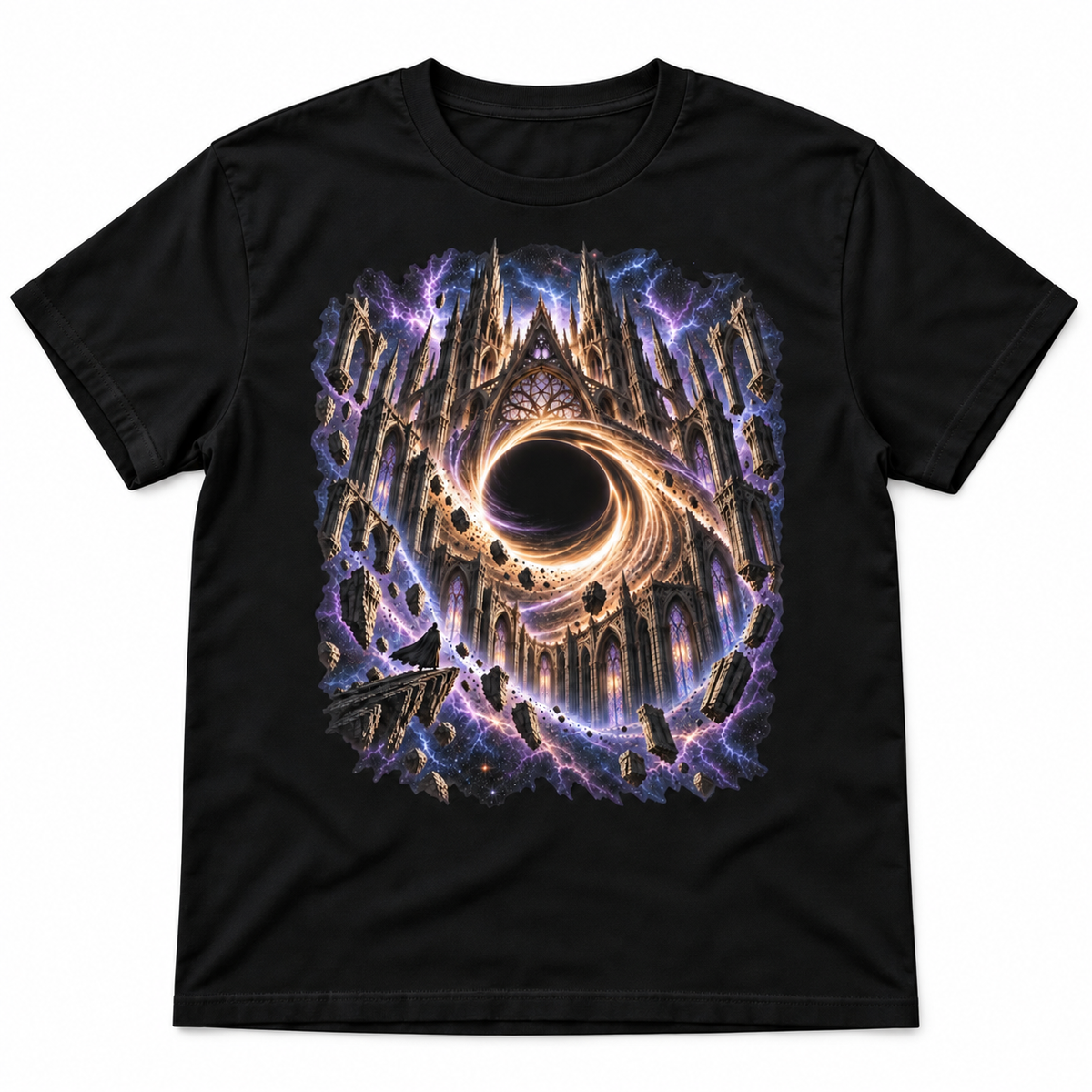 Cathedral of the Event Horizon black graphic T-shirt by Astral Drift