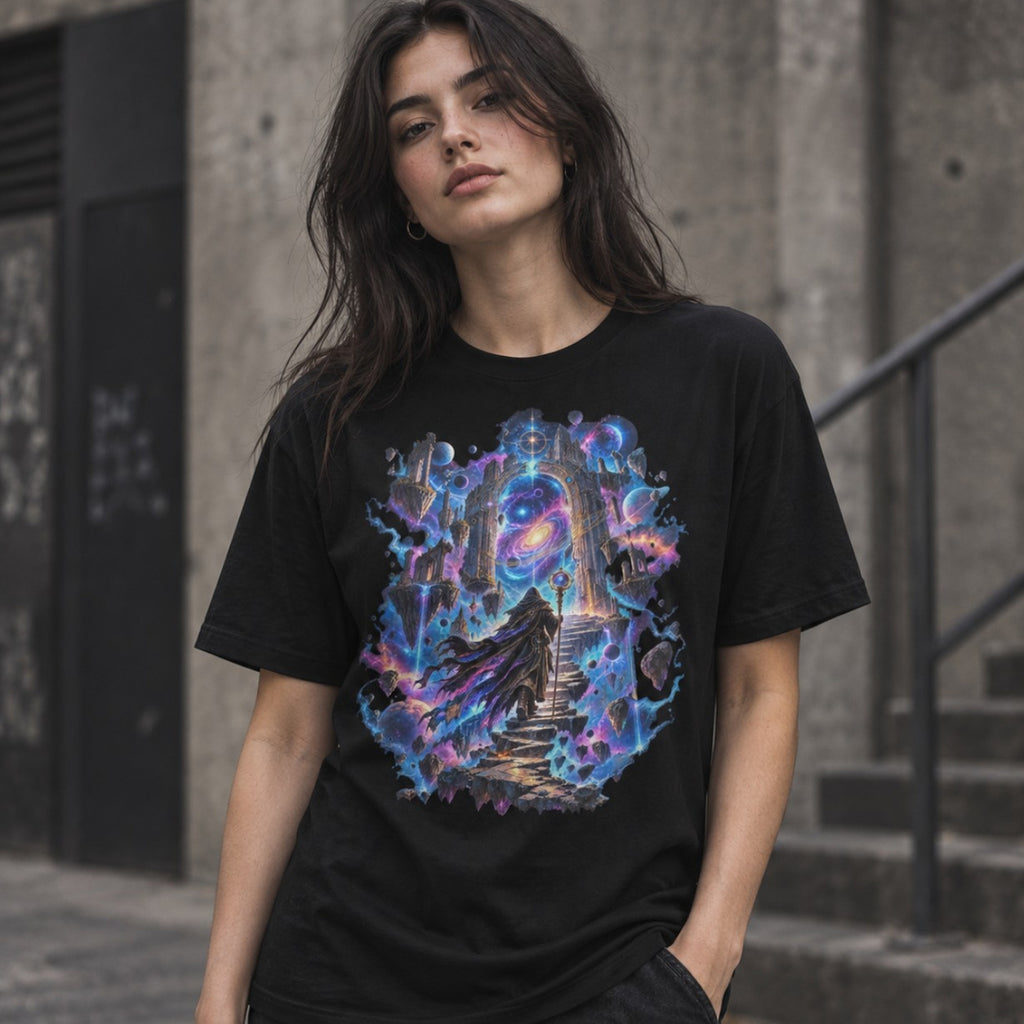 Astral Pilgrim black cosmic fantasy graphic T-shirt worn by model in an urban concrete setting