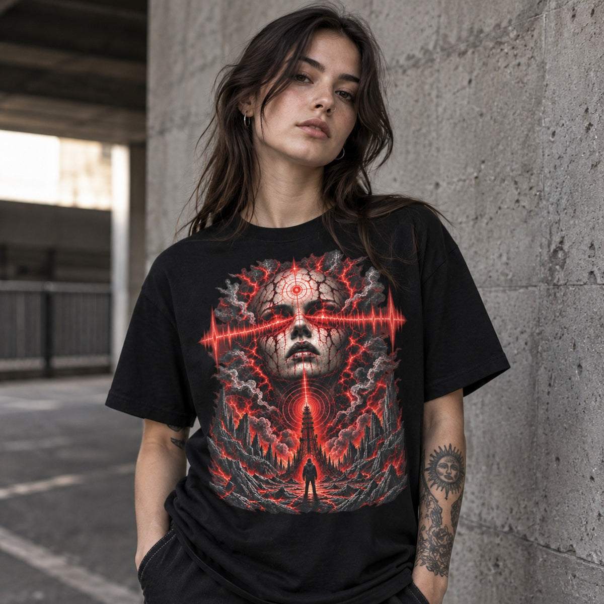 Female model wearing Transmission black analogue horror graphic T-shirt by Astral Drift
