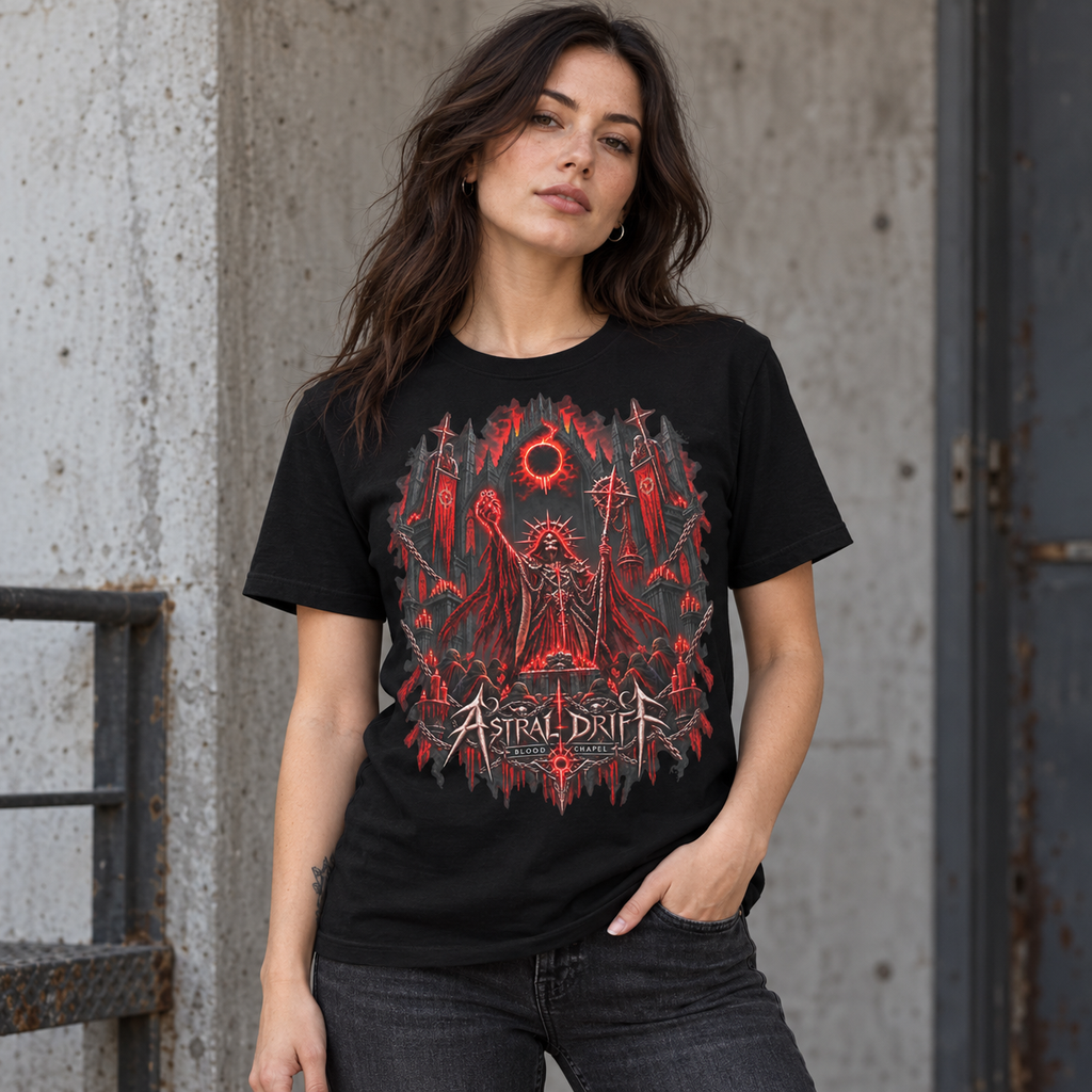 Blood Chapel black graphic T-shirt model mockup featuring red gothic skeletal priest artwork