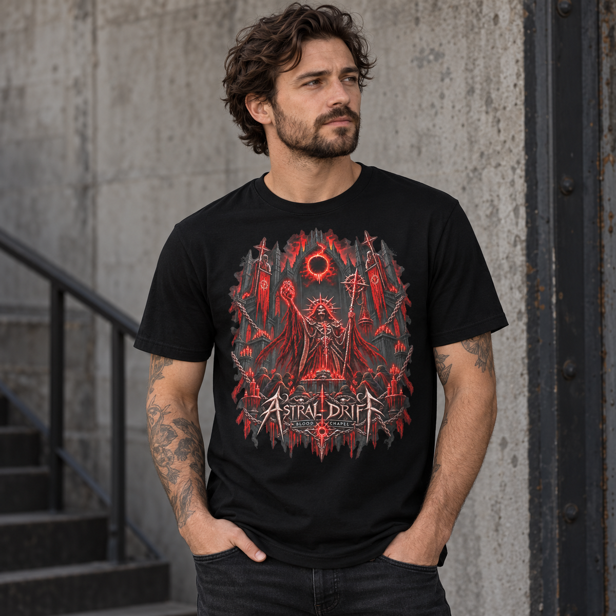 Blood Chapel black graphic T-shirt lifestyle mockup featuring red gothic cathedral artwork