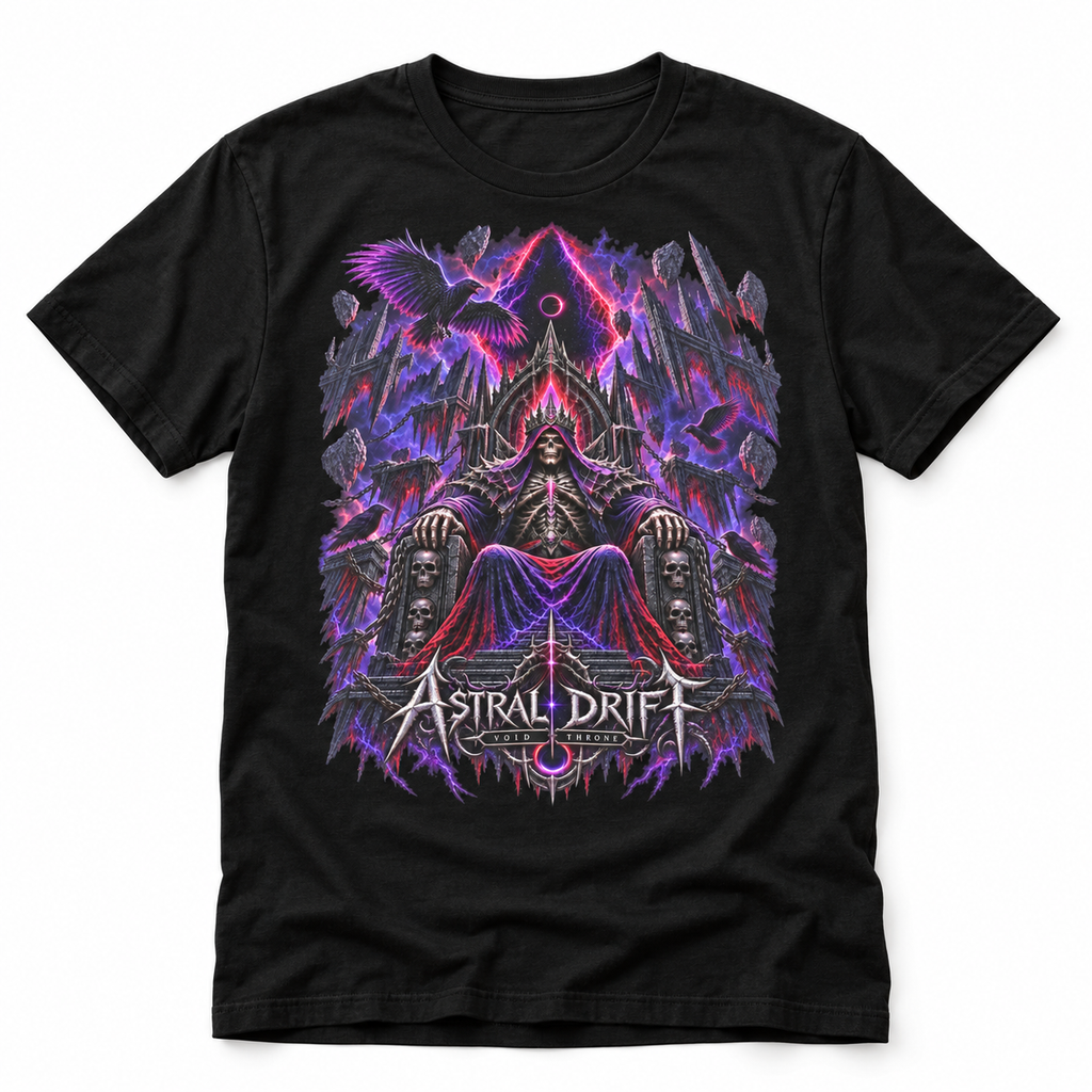 Void Throne black graphic T-shirt by Astral Drift with skeletal monarch and cosmic gothic artwork