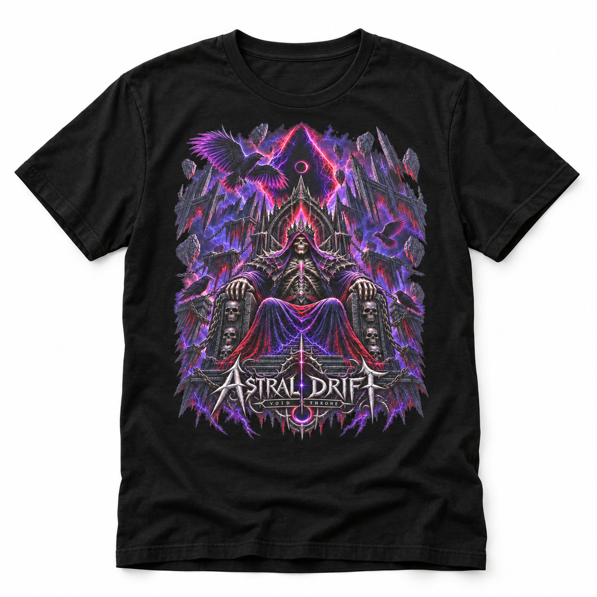 Void Throne black graphic T-shirt by Astral Drift with skeletal monarch and cosmic gothic artwork