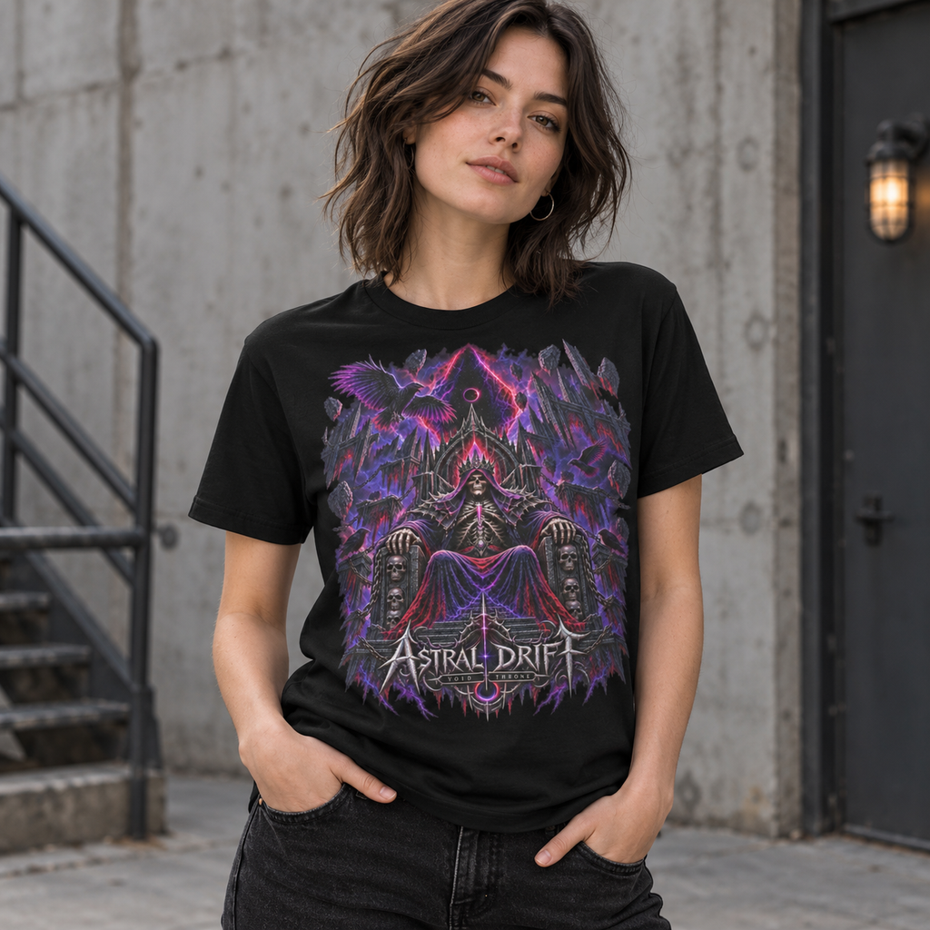 Void Throne black graphic T-shirt mockup featuring skeletal throne figure, ravens and red-violet artwork