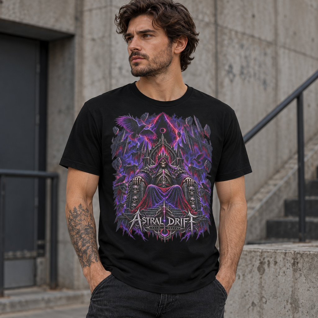 Void Throne graphic T-shirt artwork with skeletal king, gothic spires and cosmic eclipse